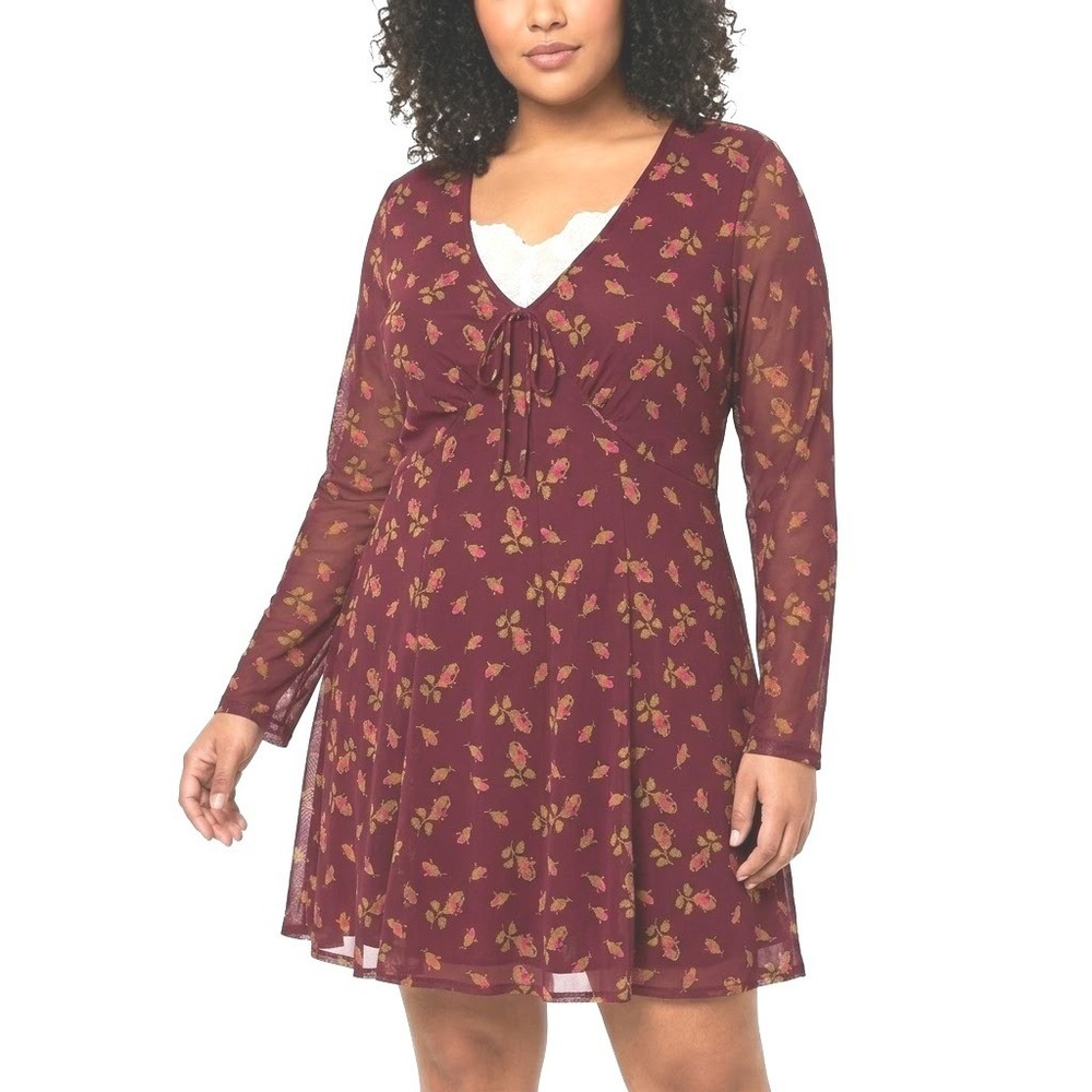 Betsey Johnson Dress Women XL Burgundy Floral Mesh Lace Trim V-Neck Tie Front